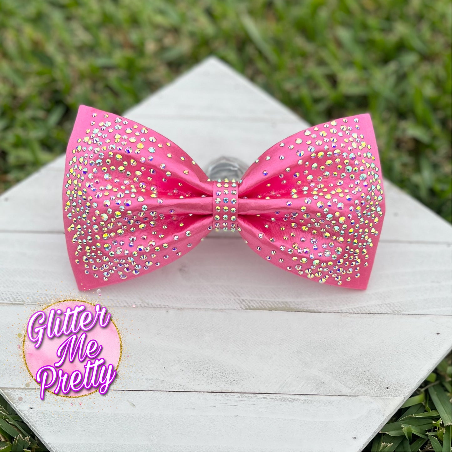 Pink Satin Rhinestone Tailless Cheer Bow