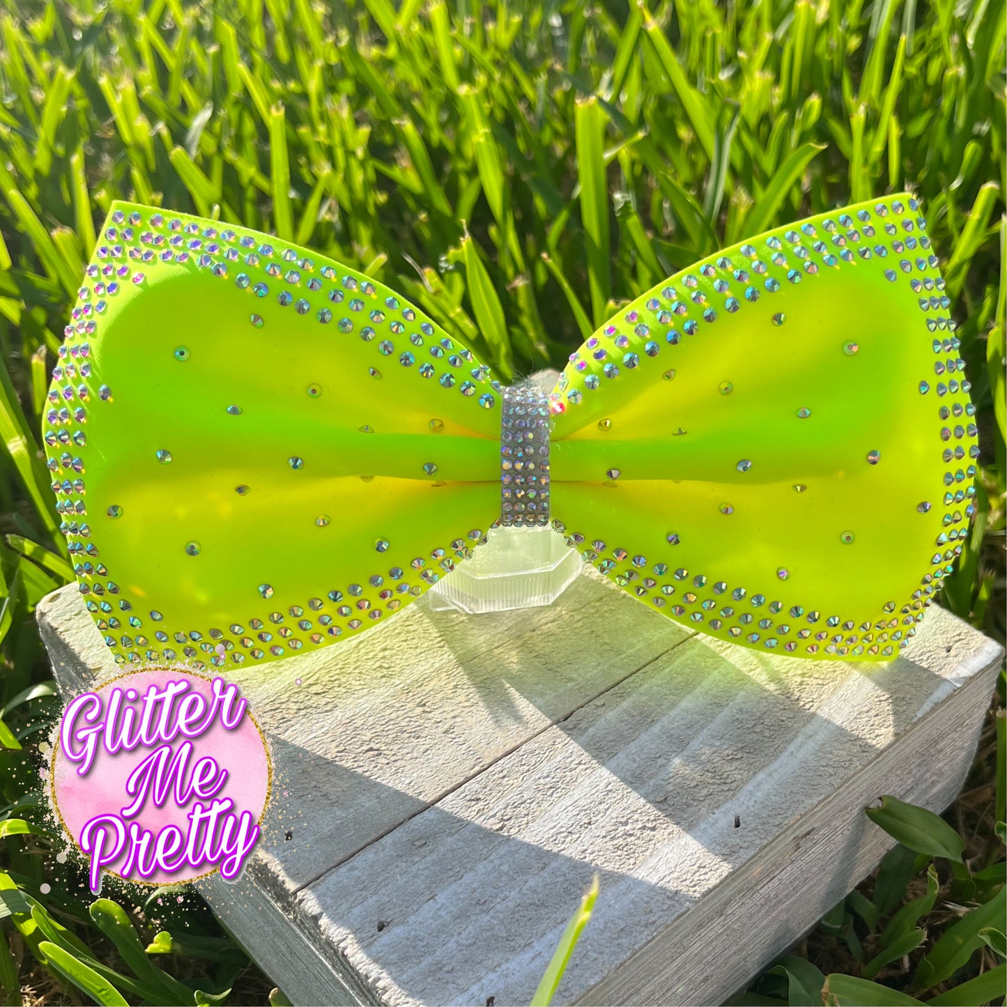 Neon Yellow Rhinestone Tailless Cheer Bow