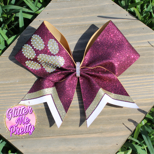 Custom Glitter Paw Rhinestone Cheer Bow