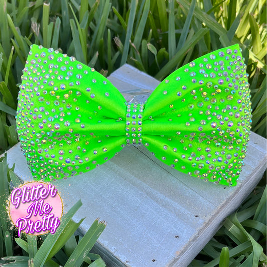 Neon Green Satin Rhinestone Tailless Cheer Bow