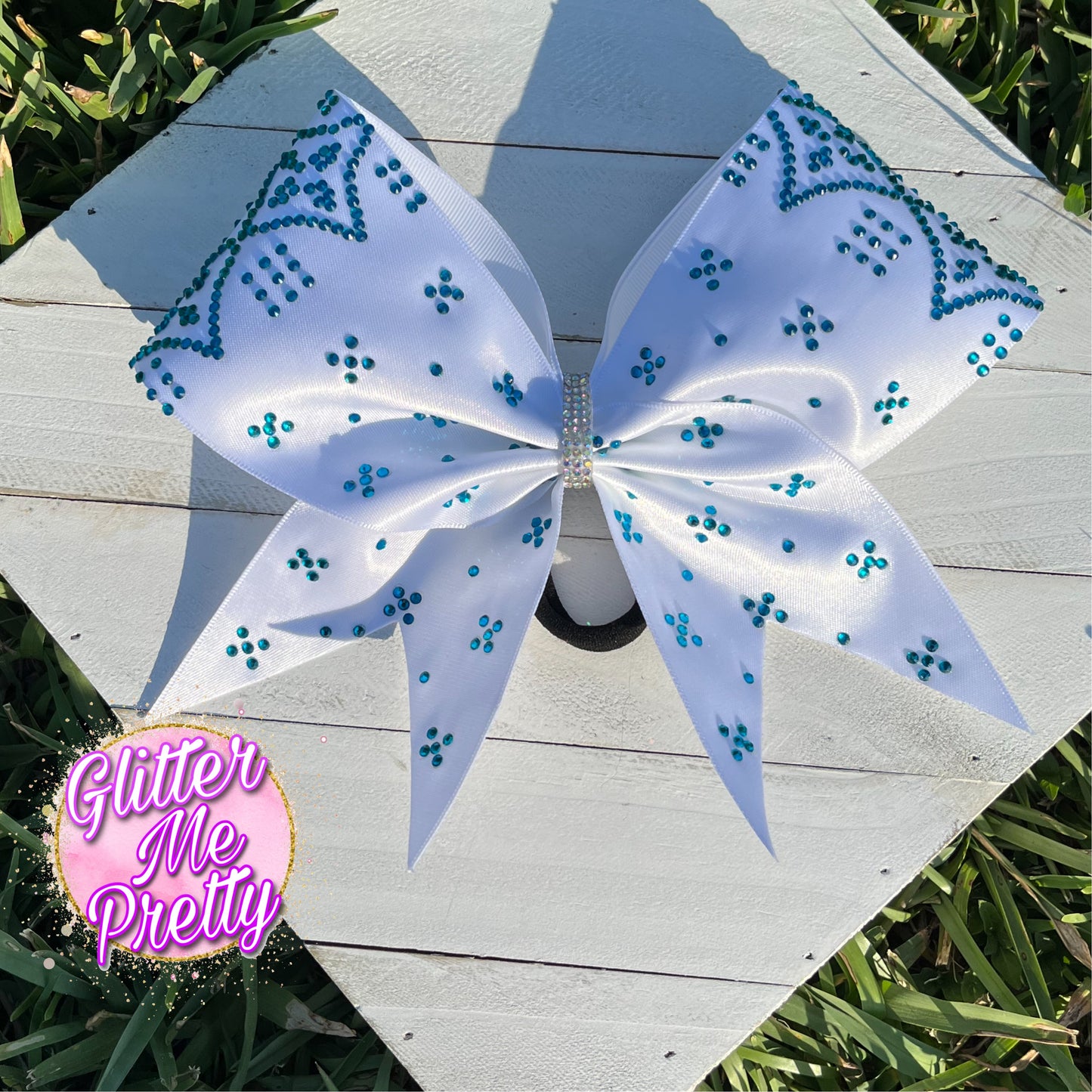 Custom White Satin Cheer Bow Teal Rhinestones