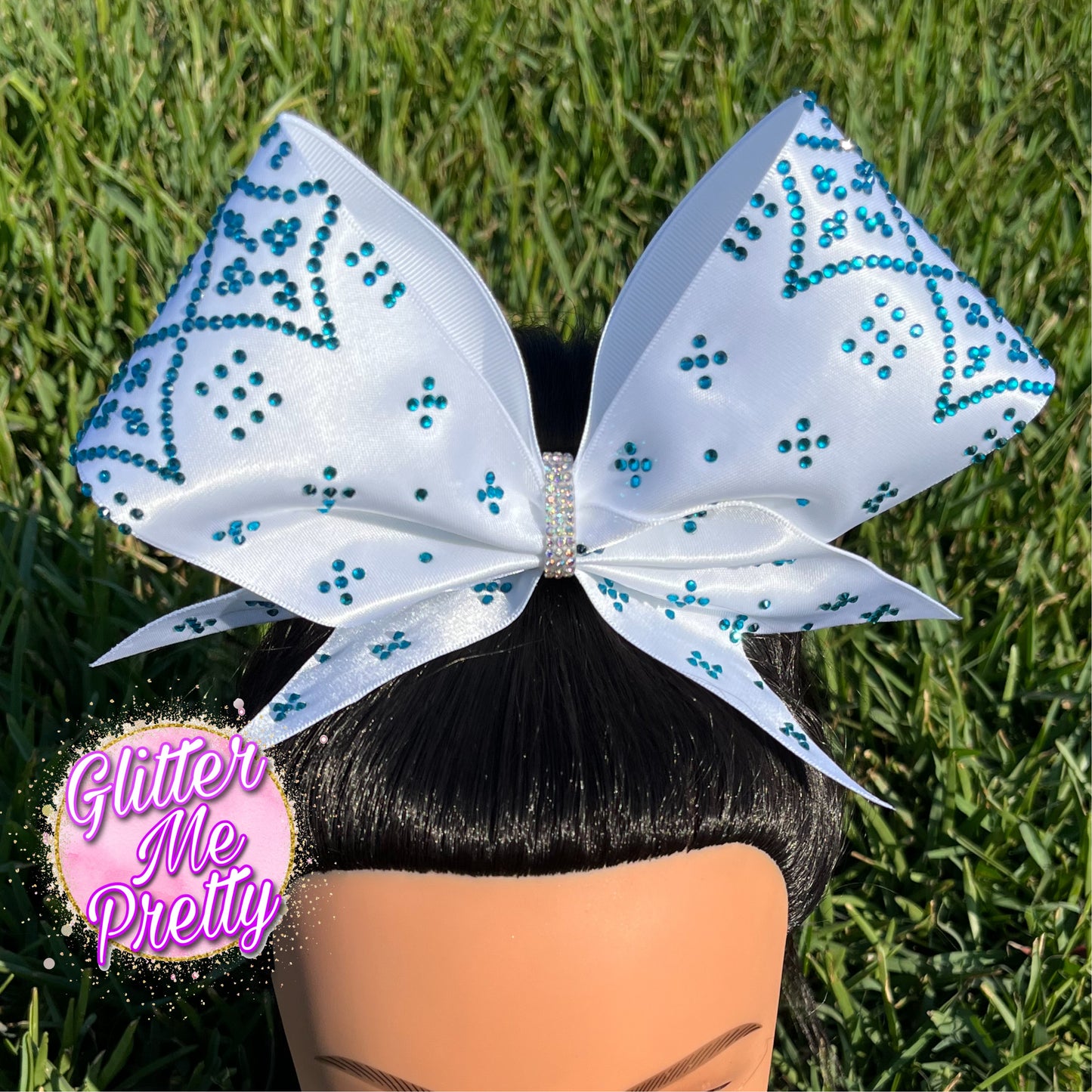 Custom White Satin Cheer Bow Teal Rhinestones