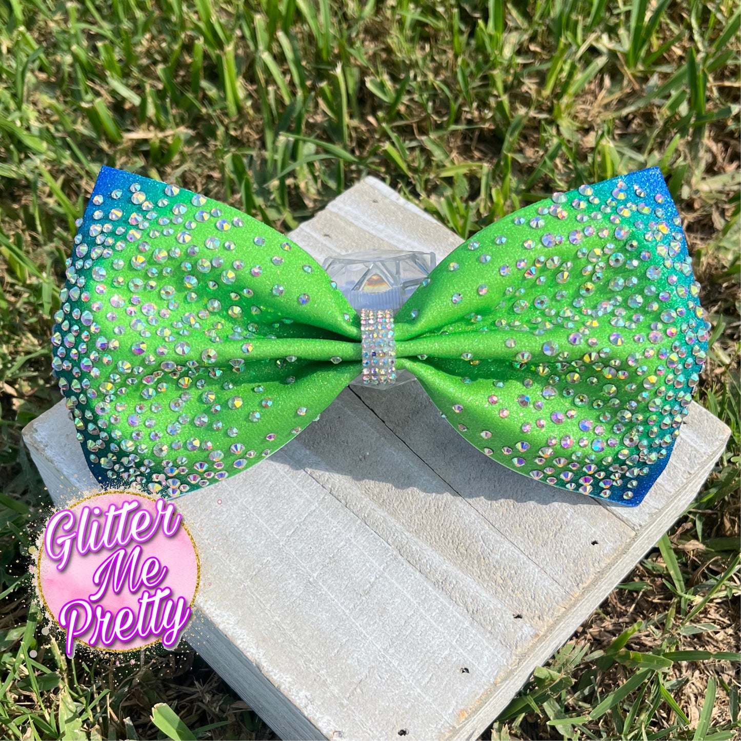 Cheer Bow Custom Rhinestone Blue Lime Ombre Tailless Bow