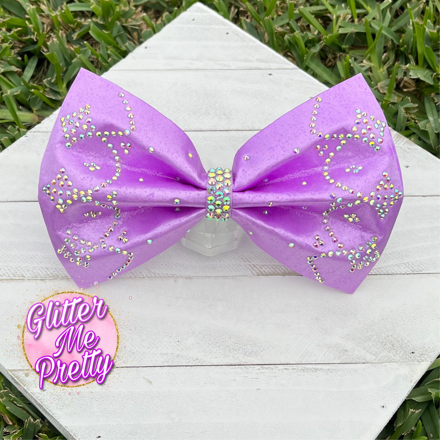 Lavender Satin Rhinestone Tailless Cheer Bow