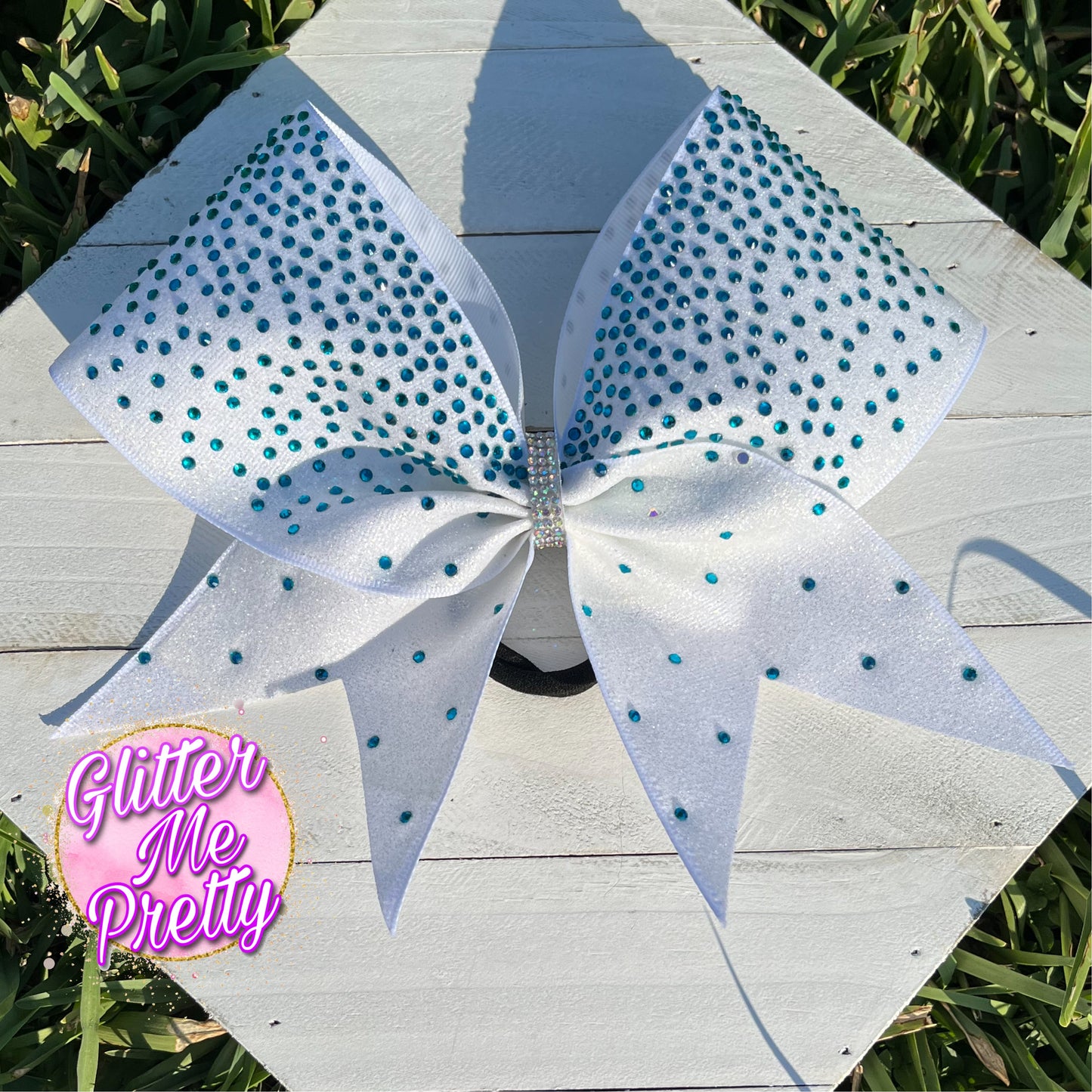 White Glitter Cheer Bow Teal Rhinestones