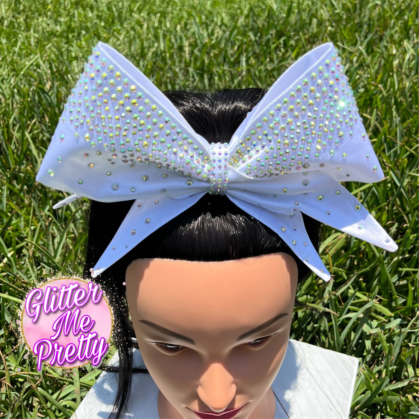 White Satin Cheer Bow Rhinestones