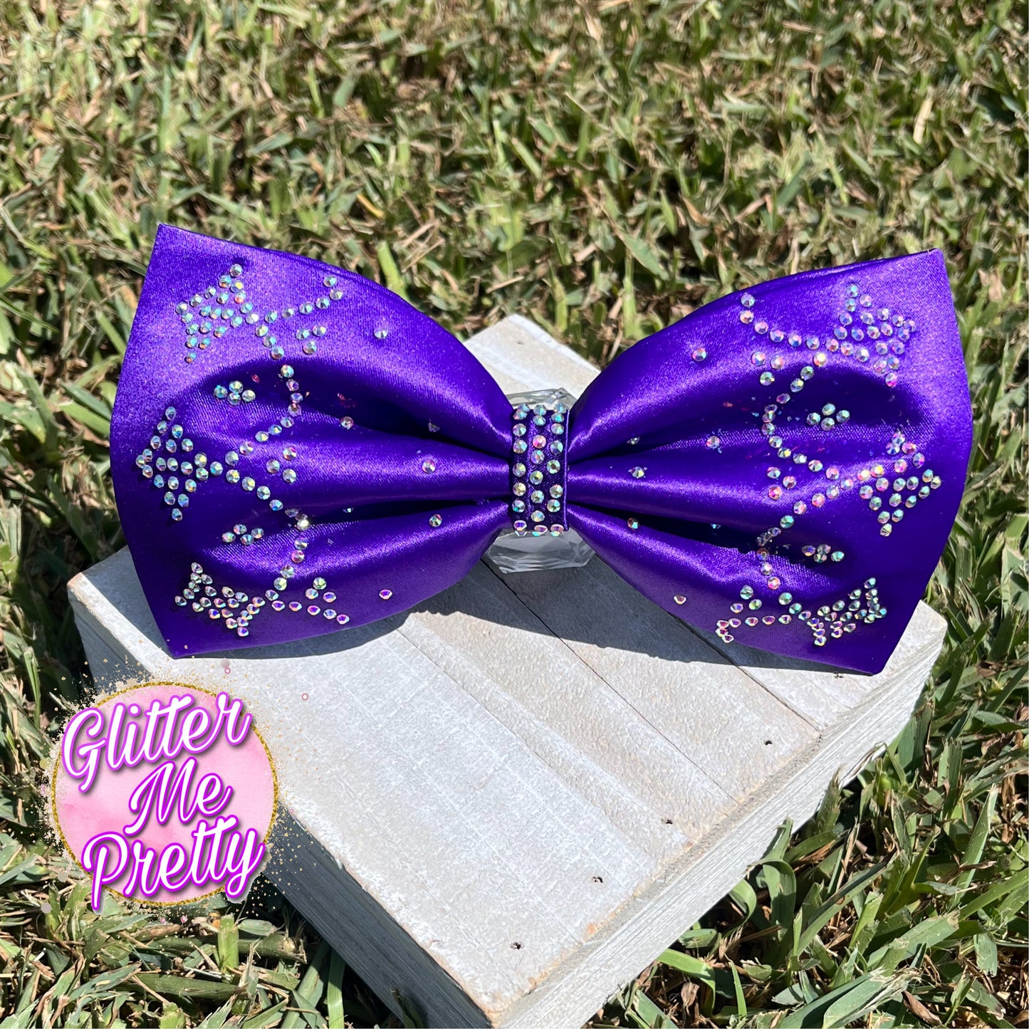 Purple Satin Rhinestone Tailless Cheer Bow