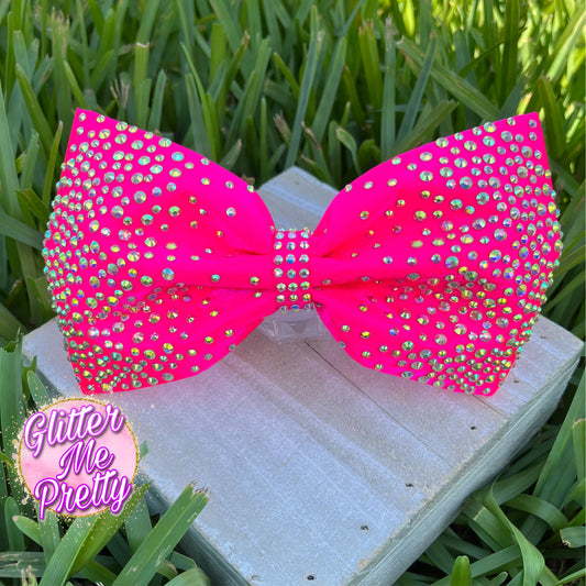 Neon Pink Satin Rhinestone Tailless Cheer Bow