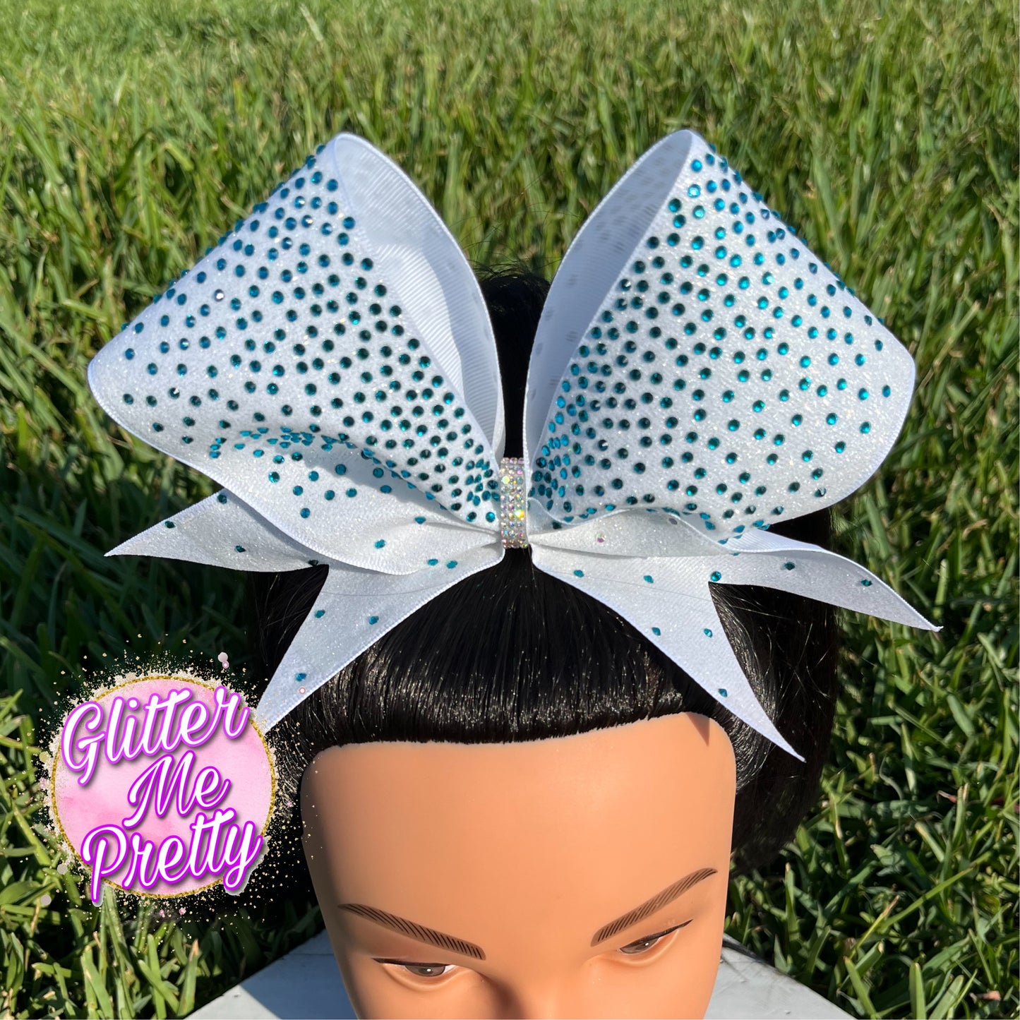 White Glitter Cheer Bow Teal Rhinestones