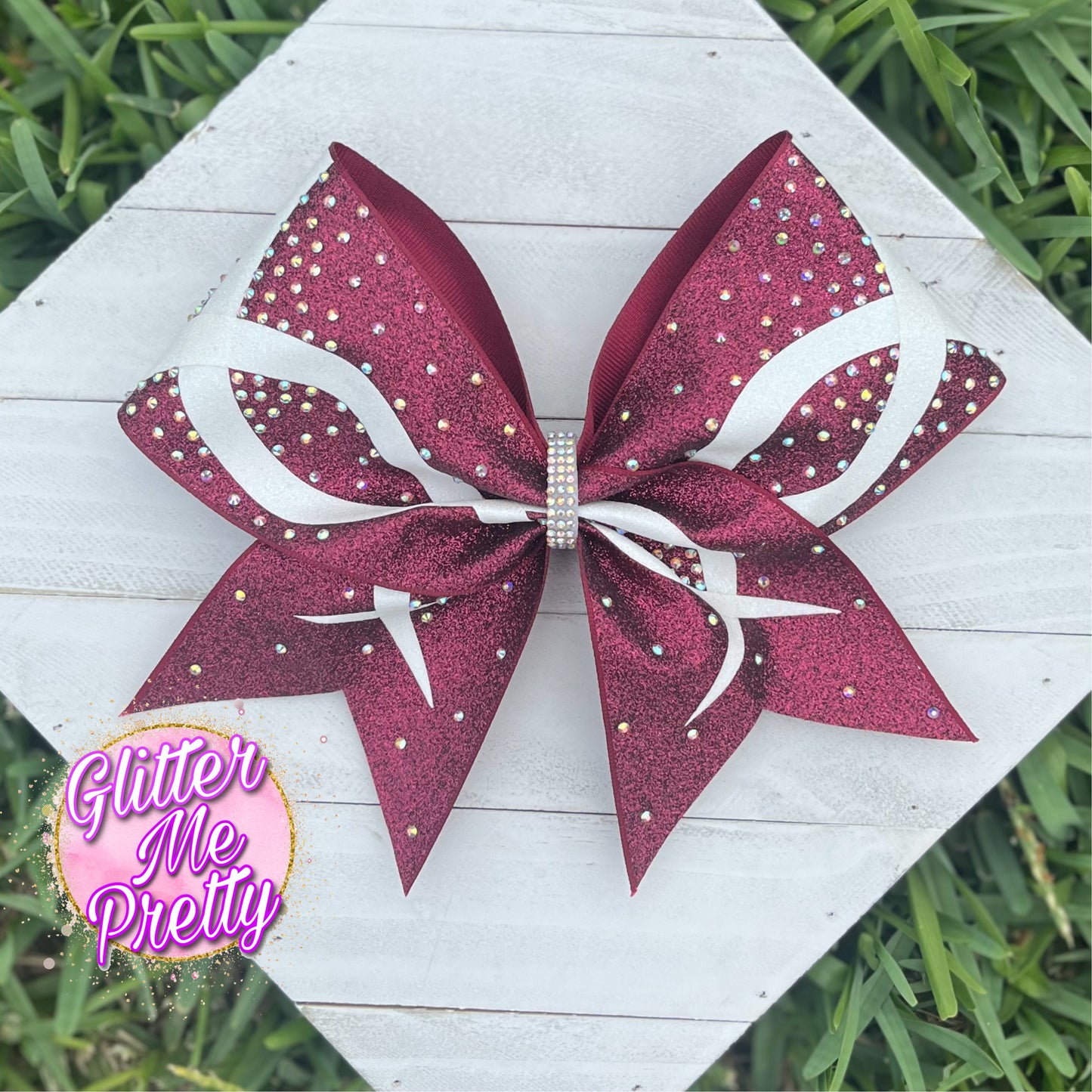 Maroon White Rhinestone Cheer Bow