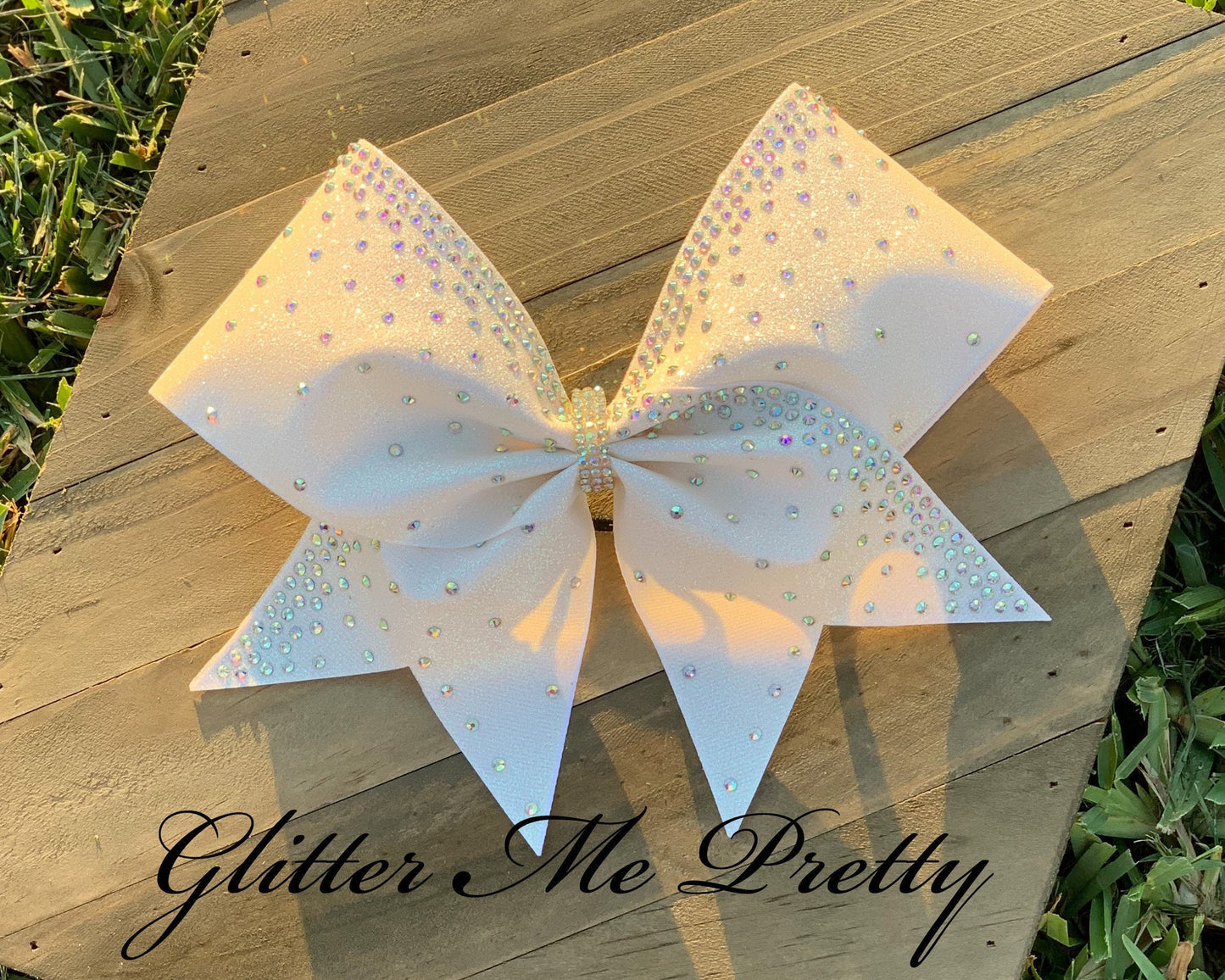 Cheer Bow Classic White Glitter with Rhinestones