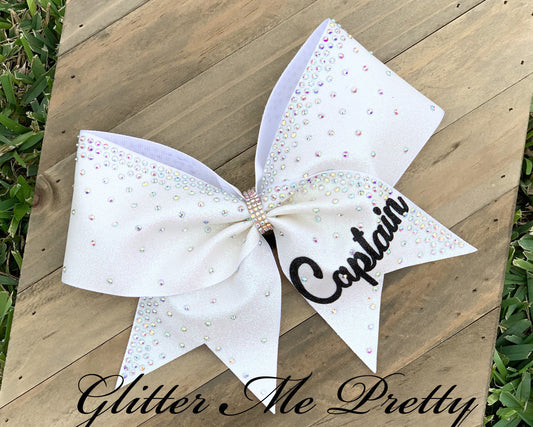 White Glitter Rhinestone Team Captain Cheer Bow