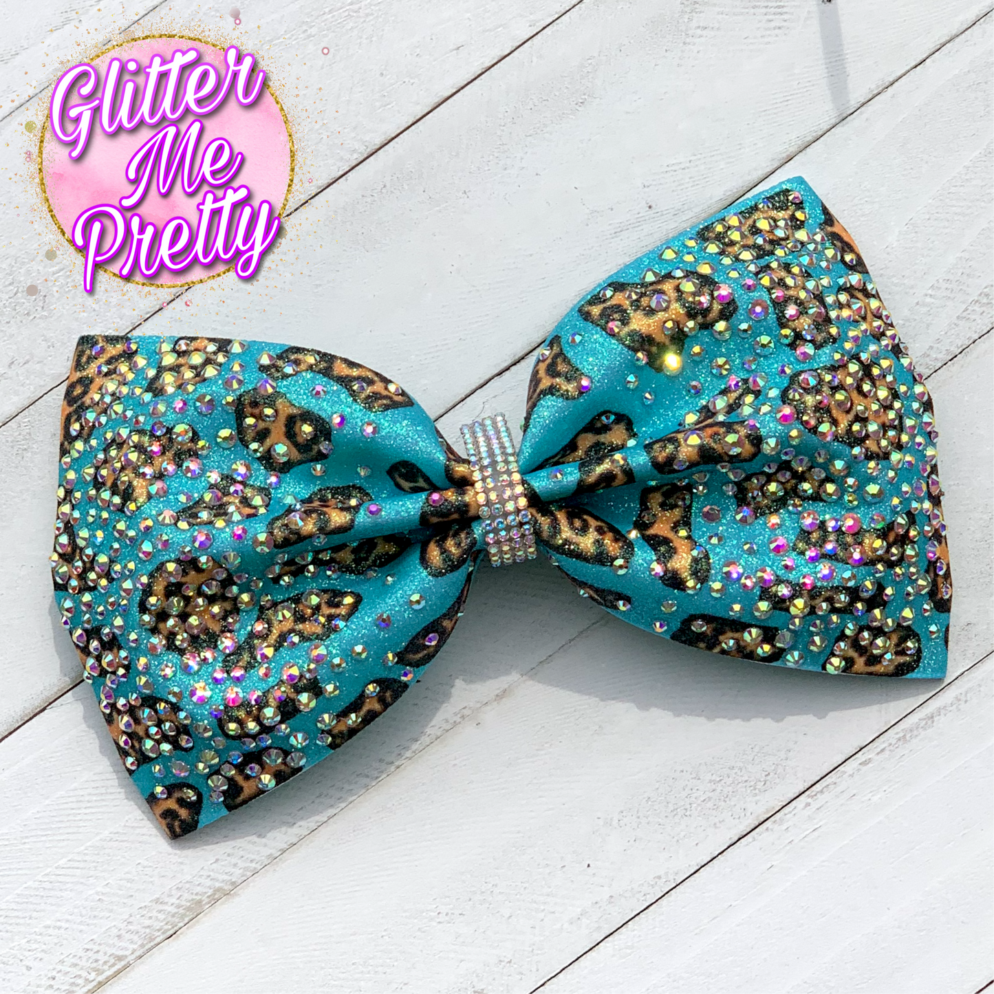 Turquoise Cheetah Glitter Rhinestone Cheer Bow