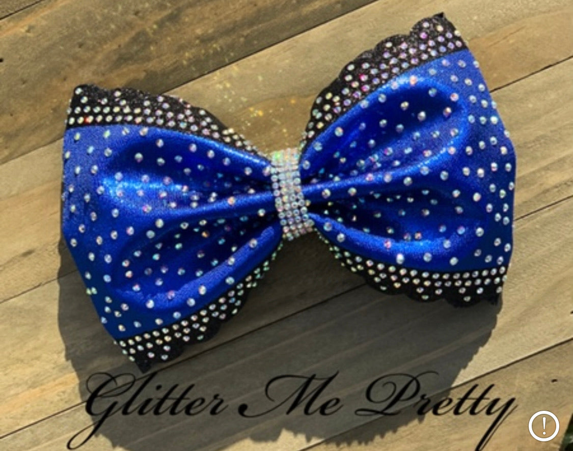 Cheer Bow Blue Rhinestone Black Scallop Tailless Bow